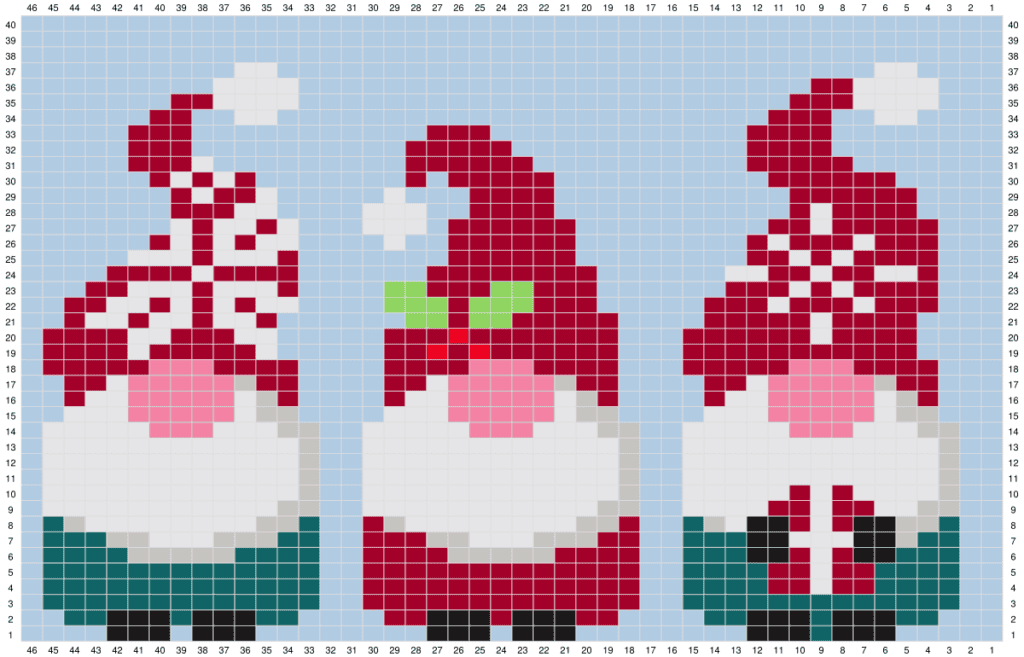 Christmas Gnome Knitting Patterns Free, The Three Wise Gnomes 2 Full size christmas gnome knitting patterns free showing Pip, Harold and Sidney the Three Wise Gnomes, 46 stitches wide and 40 rows tall