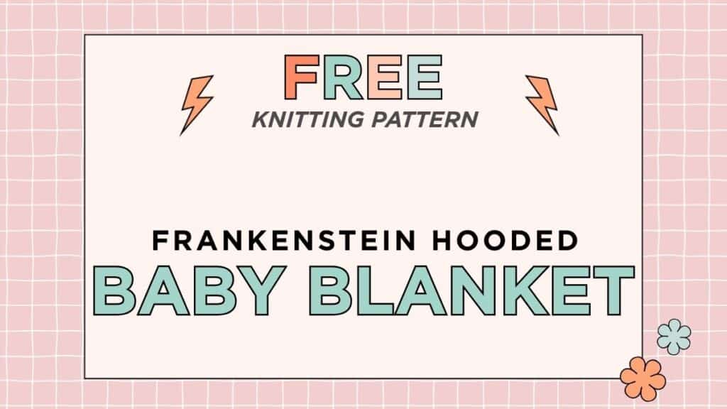 Hooded baby blanket knitting pattern, Frankenstein monster design in green and purple garter stitch, one size