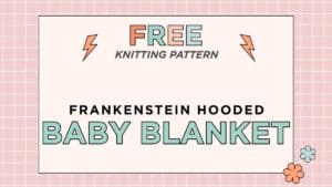 Hooded baby blanket knitting pattern, Frankenstein monster design in green and purple garter stitch, one size