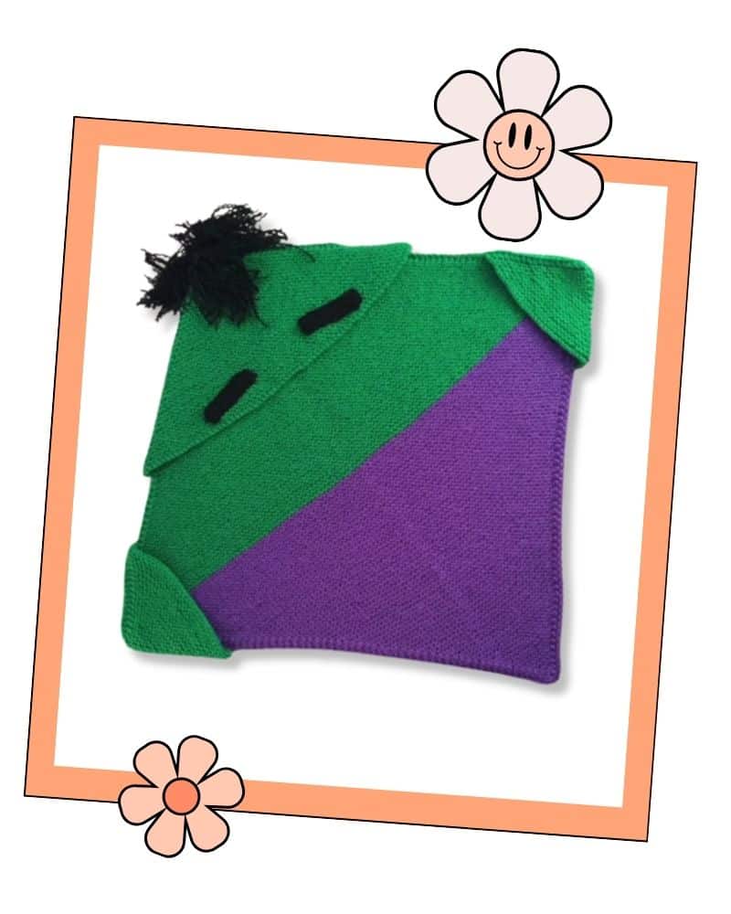 Frankenstein Monster Baby Blanket Knitting Pattern: Free 2 Frankenstein monster hood detail, green knitted baby blanket with black eyebrows and wild black hair - frankenstein monster baby blanket knitting pattern
