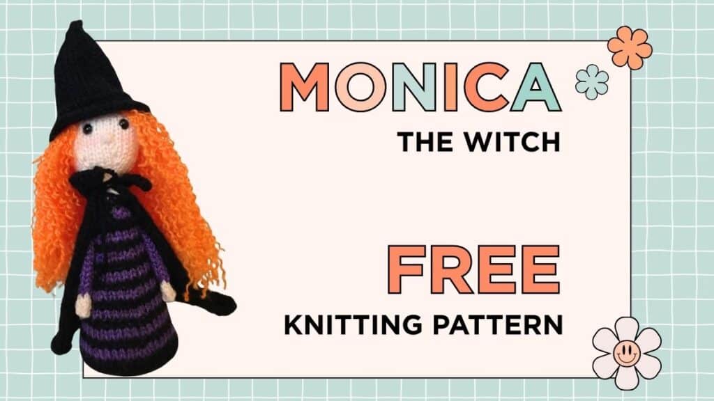 halloween witch toy knitting pattern, Monica the Witch knitted toy in black and purple DK yarn with orange hair