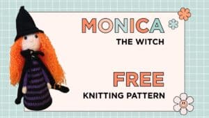 Halloween Witch Toy Knitting Pattern: Meet Monica the Witch 1 halloween witch toy knitting pattern, Monica the Witch knitted toy in black and purple DK yarn with orange hair