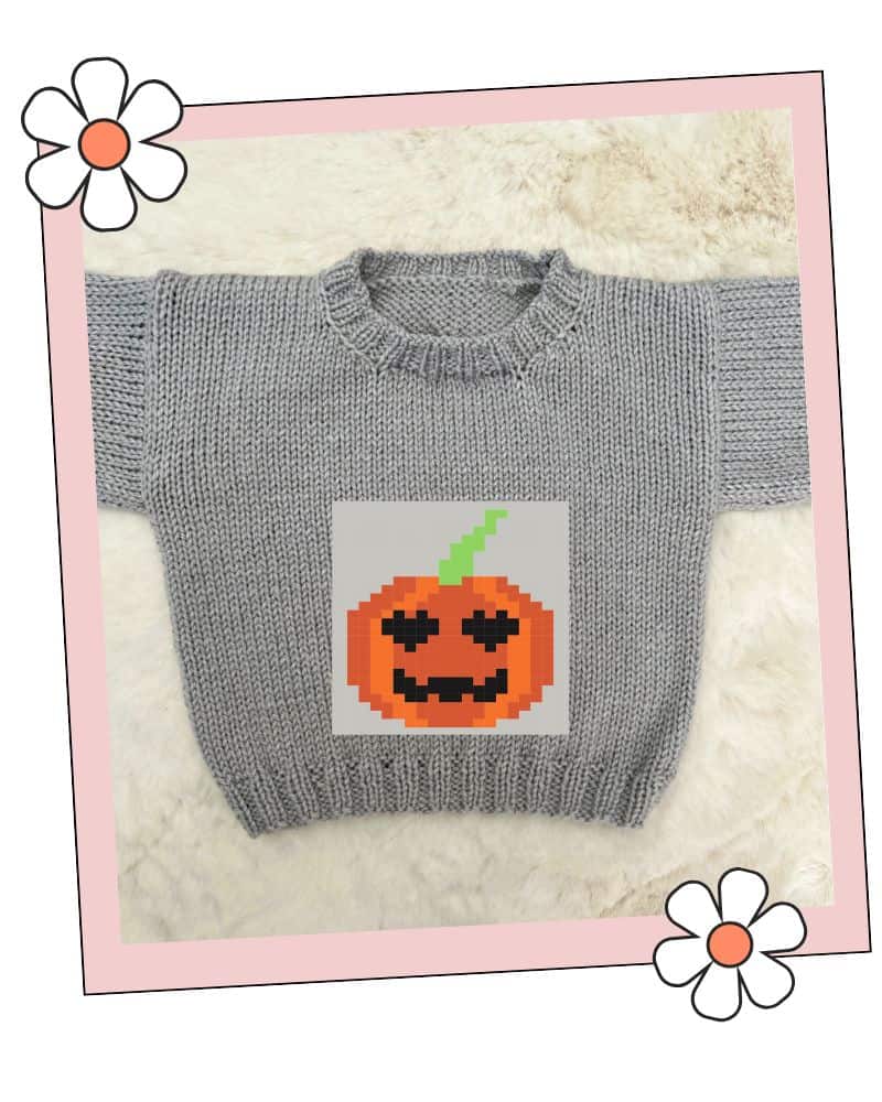 Free Pumpkin Knitting Chart for Baby Jumpers, Meet Patch 4 Free pumpkin knitting chart for baby jumper, Patch the pumpkin, beginner halloween knitting motif