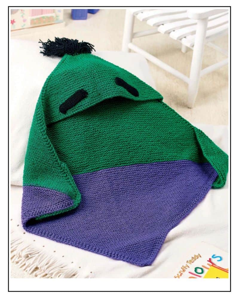 Frankenstein Monster Baby Blanket Knitting Pattern: Free 1 Hooded baby blanket knitting pattern, Frankenstein monster design in green and purple garter stitch, one size - frankenstein monster baby blanket knitting pattern