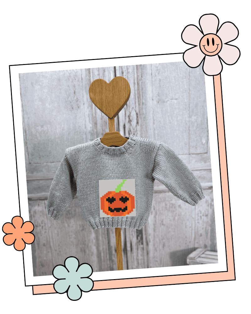 Free Pumpkin Knitting Chart for Baby Jumpers, Meet Patch 1 Free pumpkin knitting chart for baby jumper, Patch the pumpkin, beginner halloween knitting motif