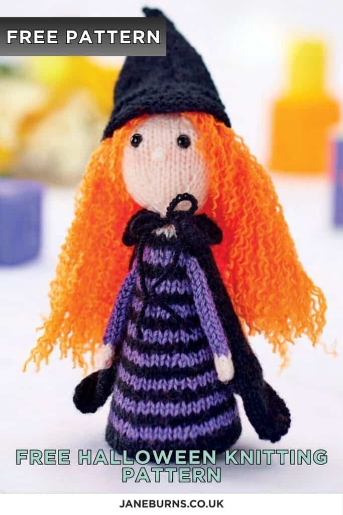pinterest friendly - share me image -Free halloween witch toy knitting pattern for beginners. Meet Monica the Witch, a knitted toy in DK yarn with a striped body, pointed hat, and very orange hair. Quick to knit up and lovely as a Halloween gift or decoration.