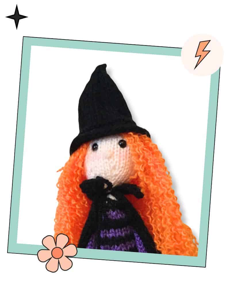 Free halloween witch toy knitting pattern for beginners. Meet Monica the Witch, a knitted toy in DK yarn with a striped body, pointed hat, and very orange hair. Quick to knit up and lovely as a Halloween gift or decoration.