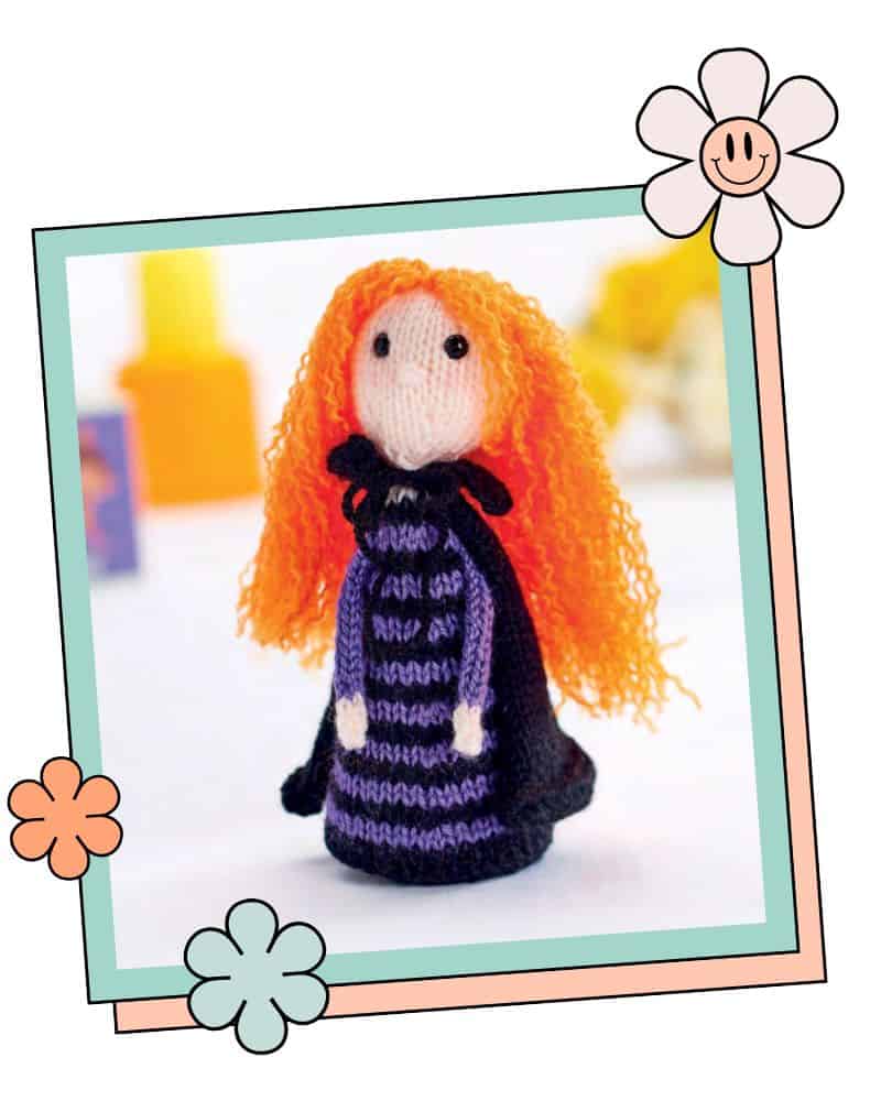 Free halloween witch toy knitting pattern for beginners. Meet Monica the Witch, a knitted toy in DK yarn with a striped body, pointed hat, and very orange hair. Quick to knit up and lovely as a Halloween gift or decoration.