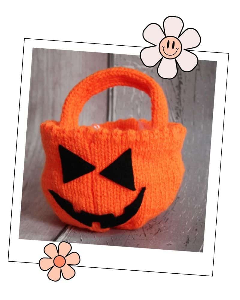 orange knitted jack o lantern trick or treat bag, full pumpkin bag knitting pattern product shot