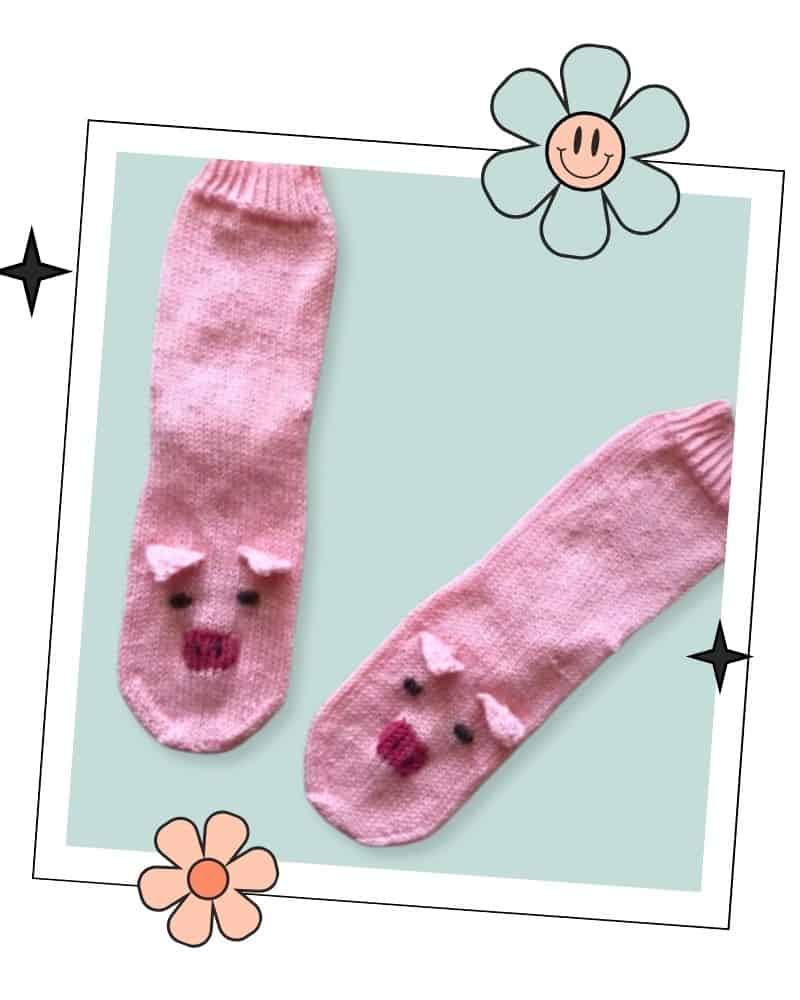 Free Pig Socks Knitting Pattern for Kids flat lay image Jane Burns knitting pattern