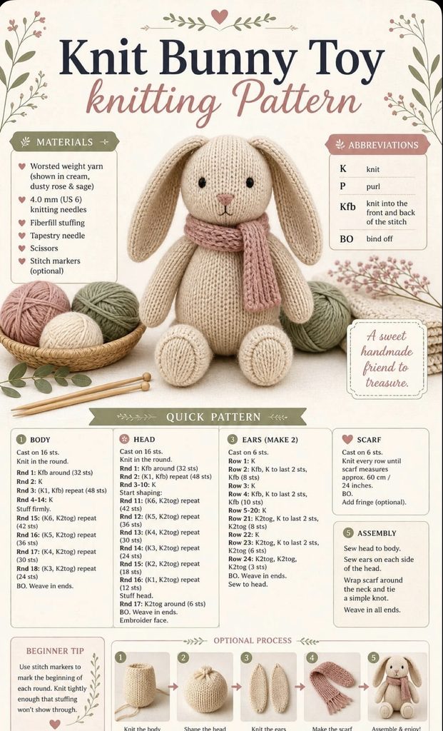 incomplete free knitting pattern for a toy, missing the instructions for the arms and legs