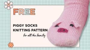 pig socks knitting pattern for kids, pink hand knitted socks with pig faces on the toes.