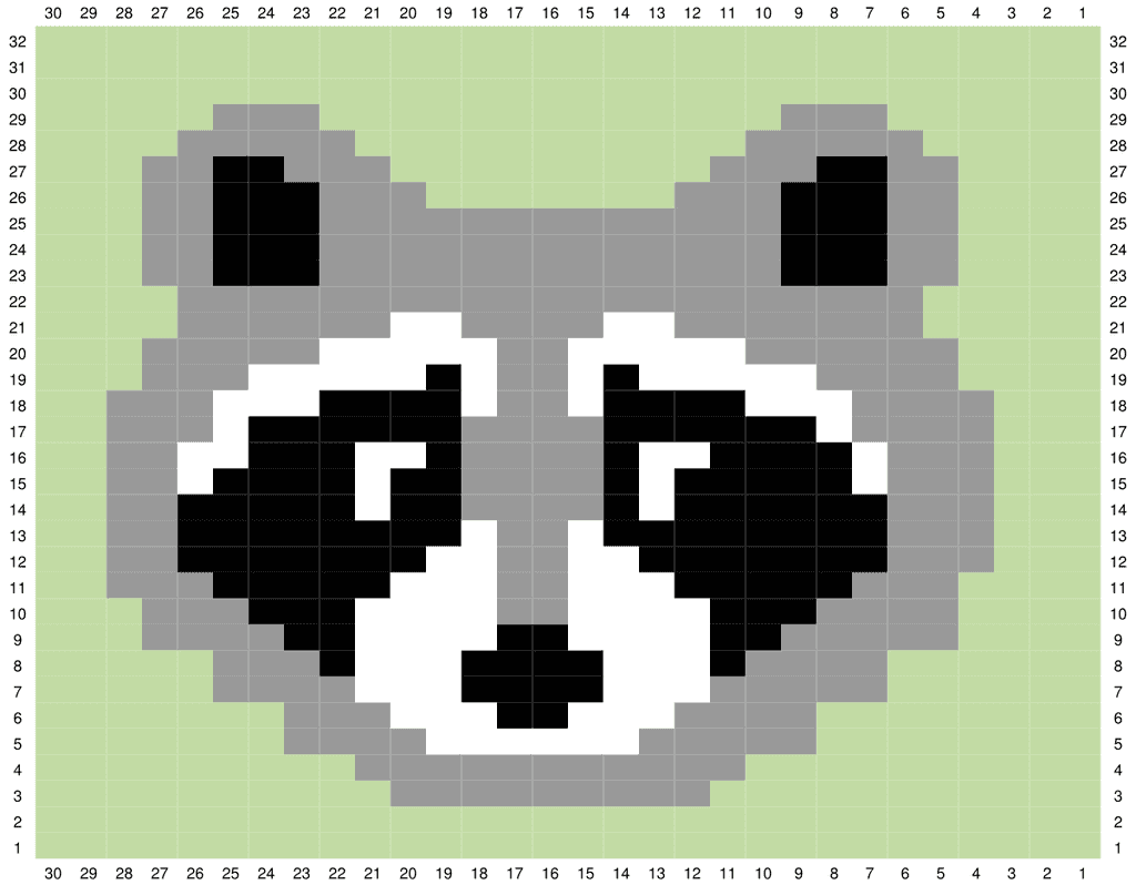 Raccoon knitting chart for a woodland baby jumper, Bandit, 30 stitches by 32 rows
