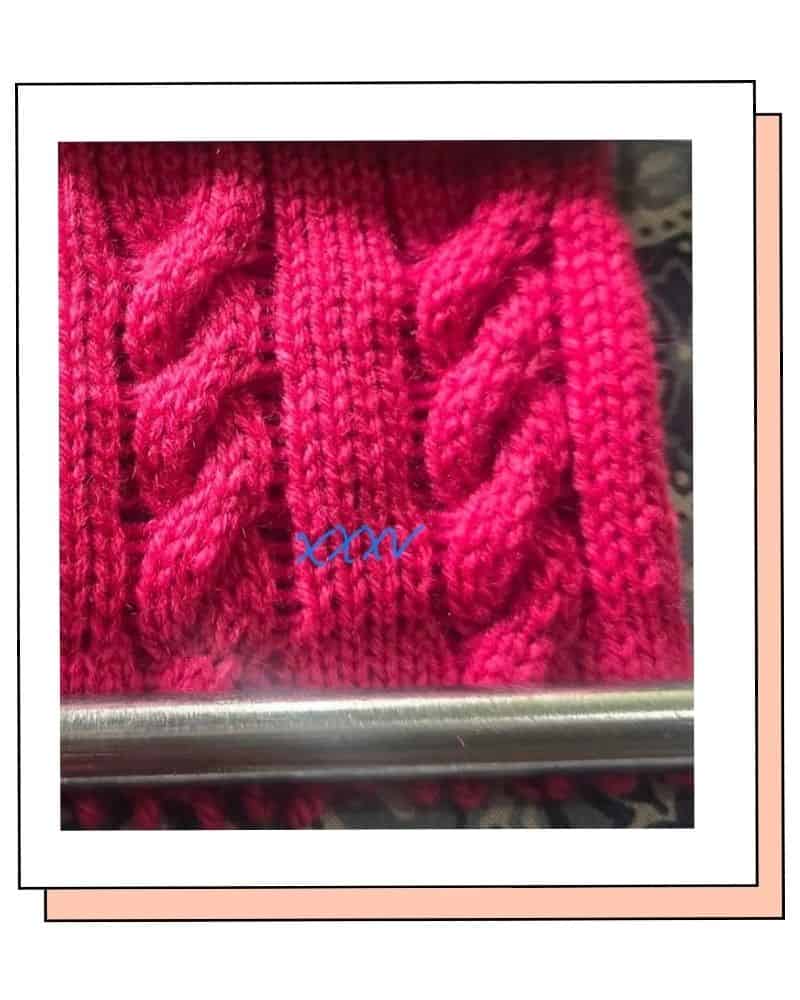 knitted swatch posted as proof, with four stitches between the cables instead of three
