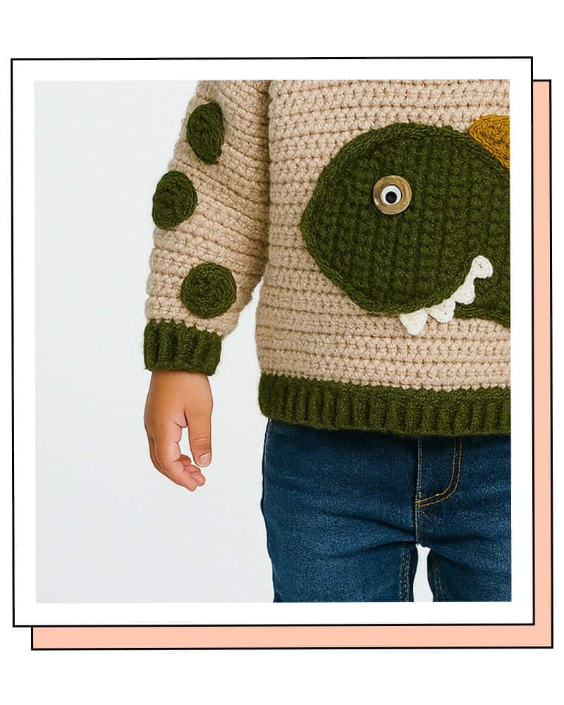AI-generated child model wearing a crochet jumper, with smooth waxy skin and posed hands