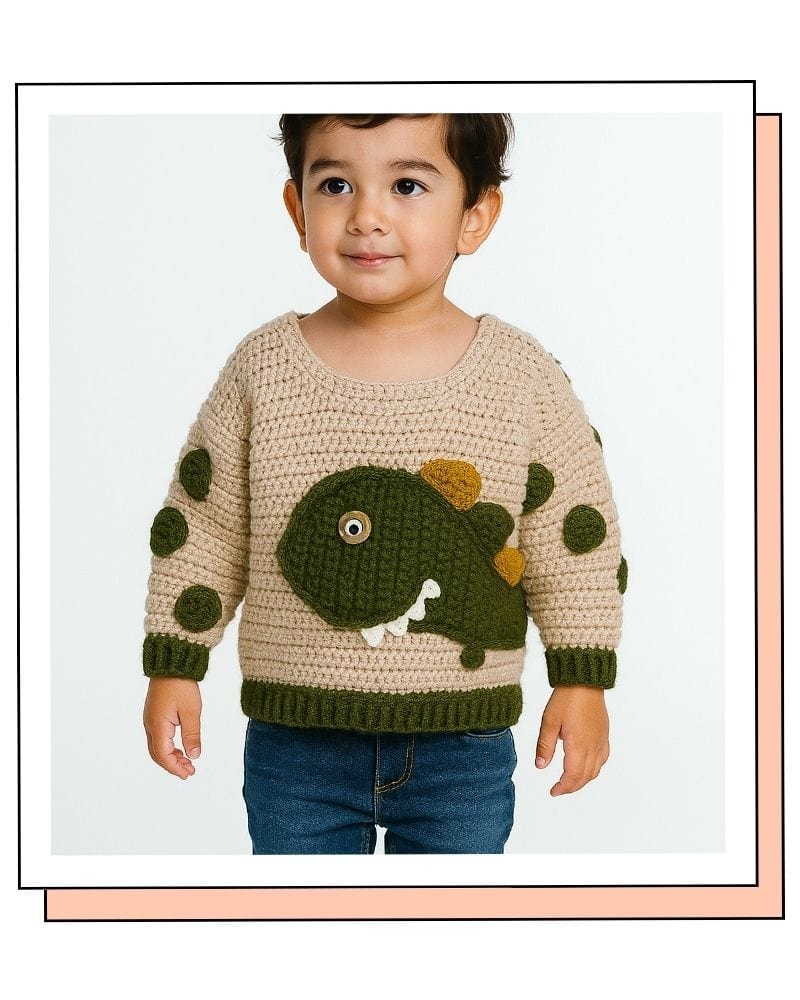 AI-generated image of the crochet dinosaur jumper on a child model, with the spots and spikes blurred