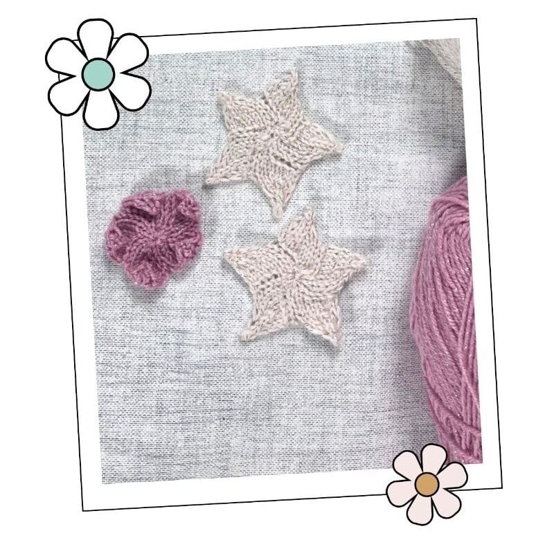 step 5, a knitted star before blocking looking scrunched up next to two finished stars