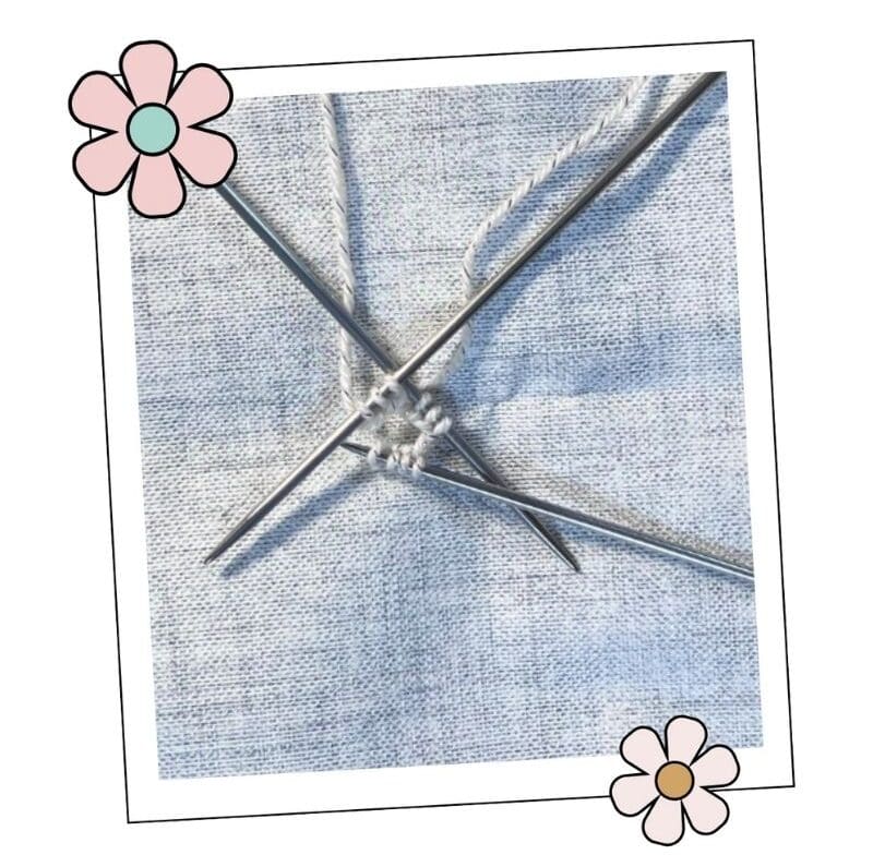 step 1 of the free knitted christmas star pattern, ten stitches cast on over three double pointed needles
