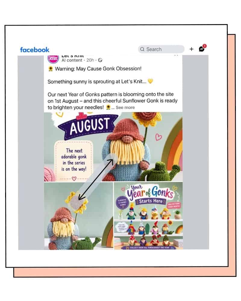 screenshot of a knitting magazine Facebook post using an AI-polished image of a knitted gonk