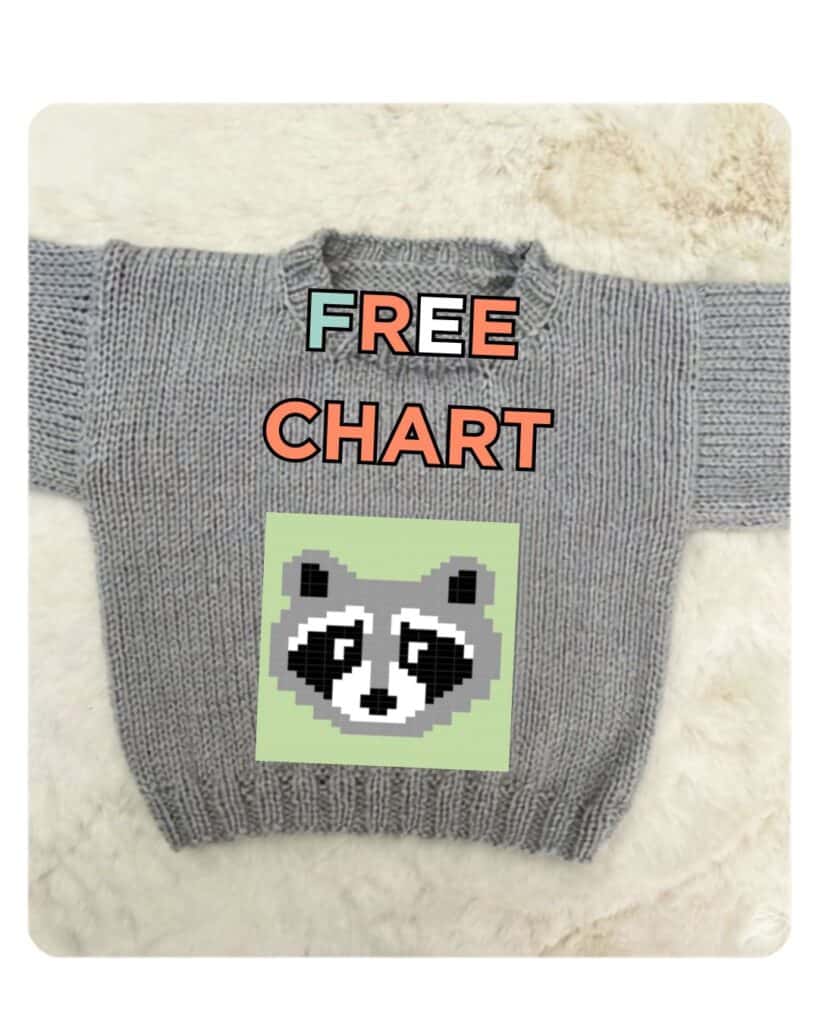 Raccoon knitting chart for a woodland baby jumper, Bandit, 30 stitches by 32 rows] flat lay of jumper