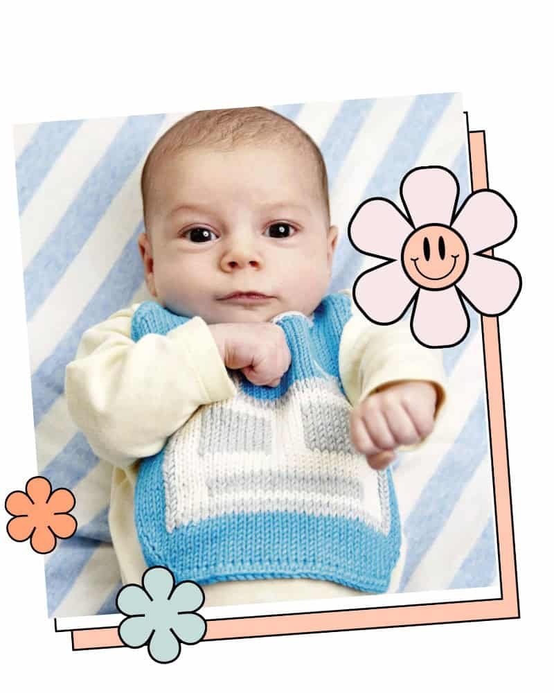 ree robot baby bib knitting pattern, blue knitted bib with a cream and silver robot face and silver ties