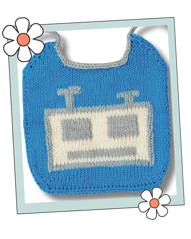 free robot baby bib knitting pattern, blue knitted bib with a cream and silver robot face and silver ties